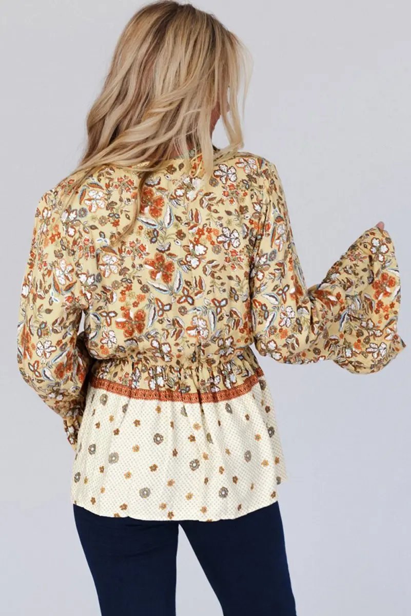 Yellow Printed Floral Bell Sleeve V Neck Wrapped Blouse - Love Salve